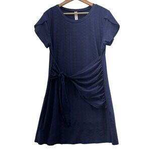 Womens XL Navy Eyelet Tie Waist Casual Stretch Dress Textured Comfy